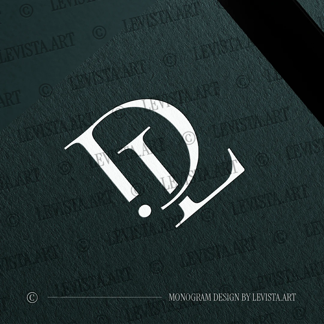 White DL initials design as modern interlocking letter logo on a rich green premium paper for stylish minimalist branding, business, embossing and letterpress