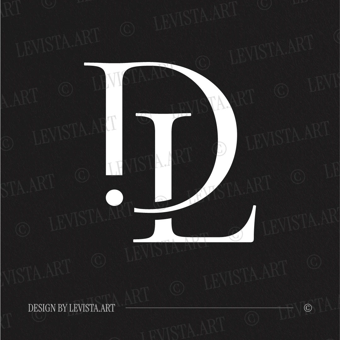 White DL monogram logo as minimalist lettermark design of interlocking capital straight D and L letters, with D featuring a decorative dot at the base, for high-end, modern business branding and projects