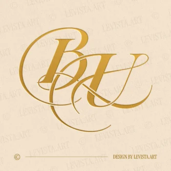 Gold BU interlocking wedding monogram logo design on champagne background