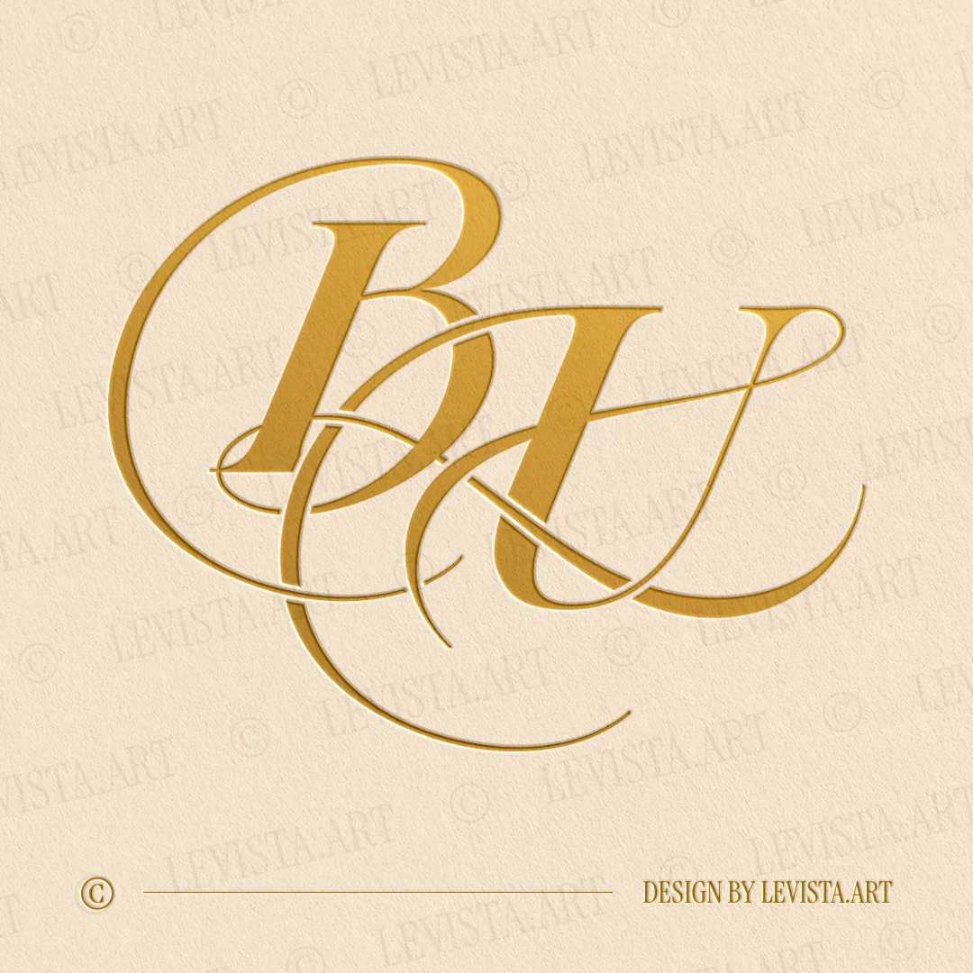 Gold BU interlocking wedding monogram logo design on champagne background