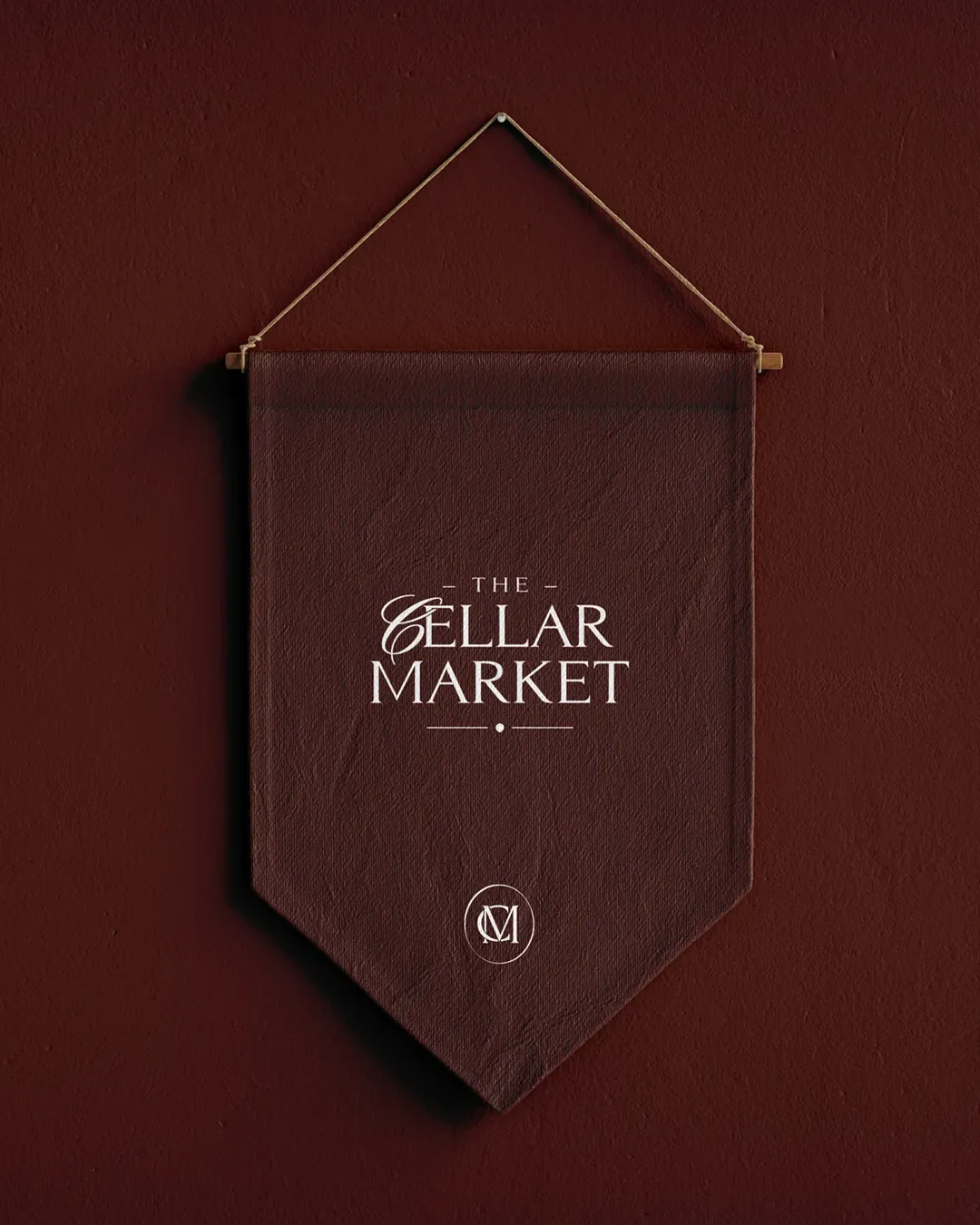 vertical branded textile flag monogram Vertical view of a branded textile flag with the wine store monogram logo