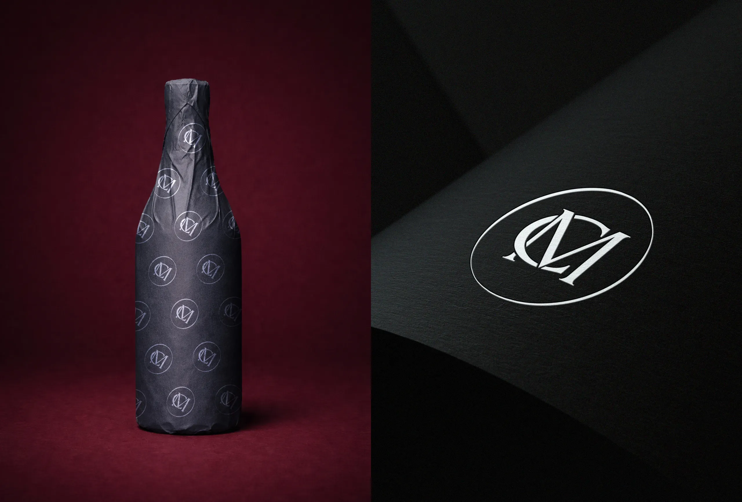 wine bottle branding monogram wrapping paper Luxury wine bottle branding with custom monogram logo on premium wrapping paper.