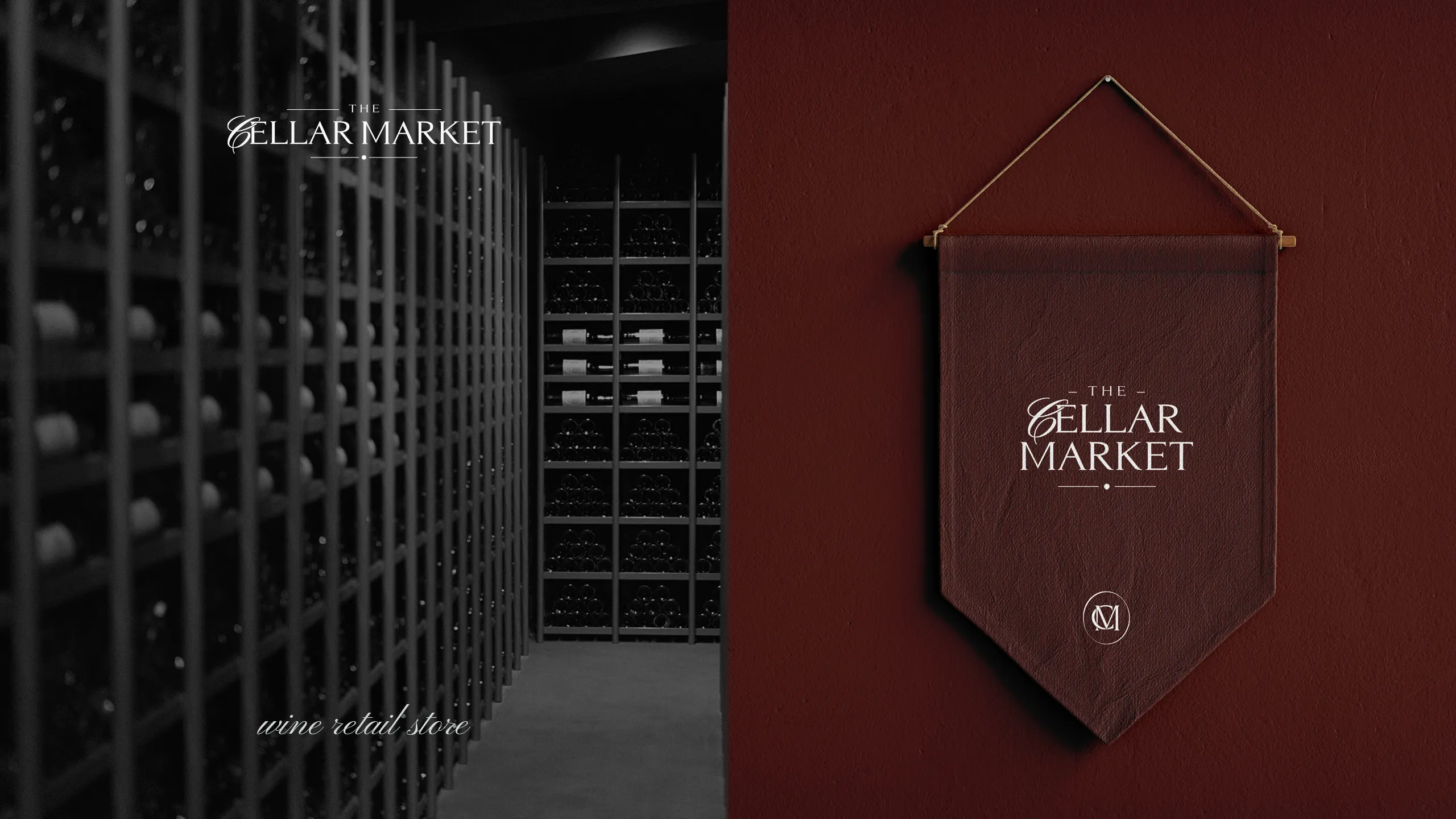 wine store monogram logo hanging flag signage Wine store monogram logo design and premium hanging fabric flag signage