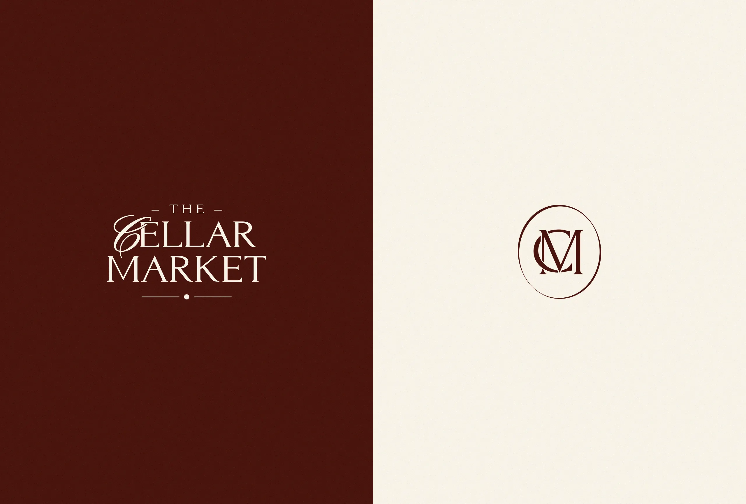 wine-store-monogram-logo-identity-split Wine store monogram logo and full brand identity displayed on a premium burgundy background