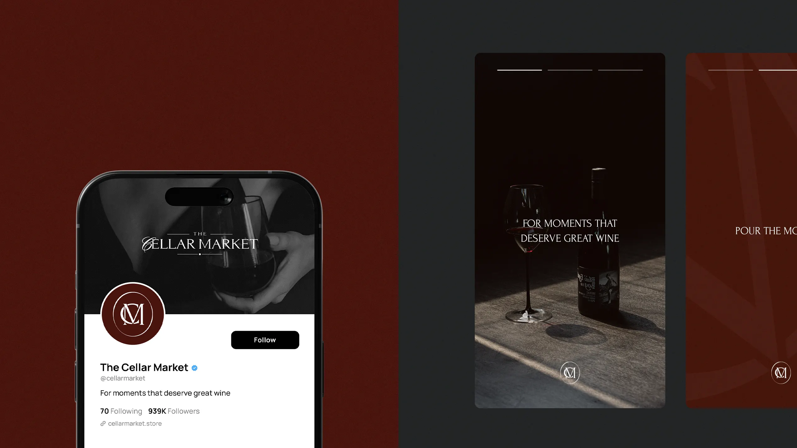 Wine store monogram social media branding kit Wine store monogram logo applied to social media profile icon, banner, and Instagram post templates.