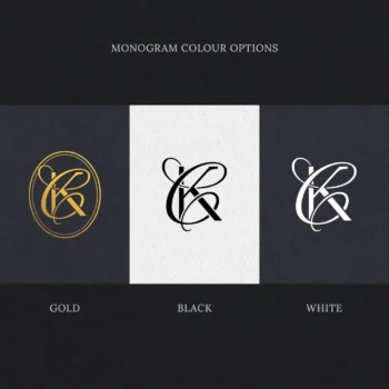 Semi-custom monogram design as letter logo in black, white and gold for premium wedding stationery and lux personal branding