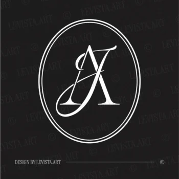 White AJ & JA initials logo on a dark background for minimalist wedding branding design