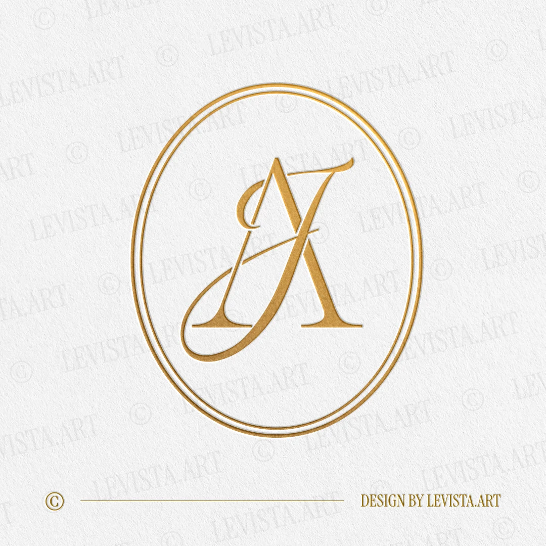 Gold AJ & JA wedding monogram as an elegant interlocking letter logo design for luxury stationery.