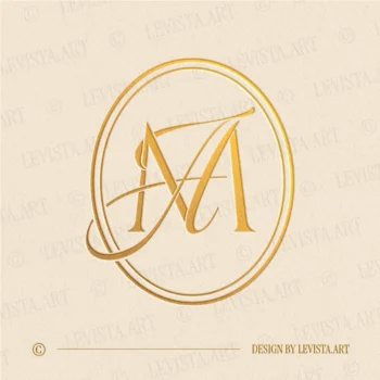 Gold AM & MA monogram as elegant interlocking letter logo design for luxury wedding stationery and modern décor