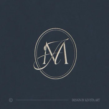 Silver AM & MA wedding logo with interlocking letters on dark blue textured paper for sophisticated invitations and décor