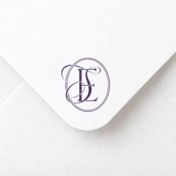 Lilac ES & SE initials logo with interlocking letters on rich paper envelope for luxury wedding décor and personal branding