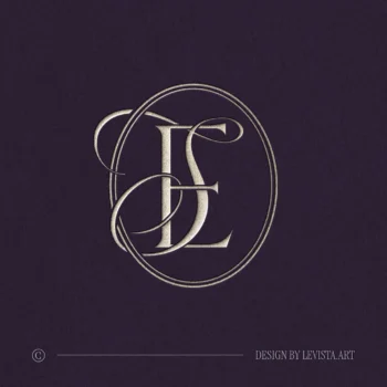 Gold ES & SE wedding logo with interlocking letters on dark purple textured paper for sophisticated invitations and décor