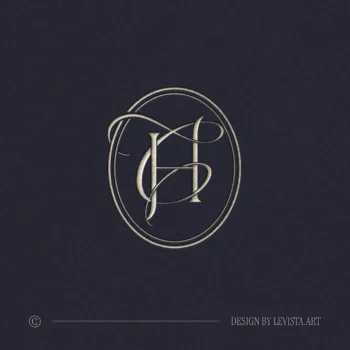 Gold HC & CH wedding logo with interlocking letters on blue textured paper for luxury invitations and luxury décor