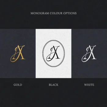 Semi-custom monogram design as letter logo in black, white and gold for premium wedding stationery and luxury branding