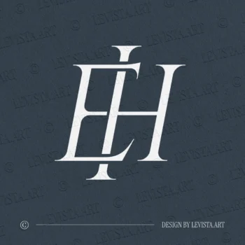White EH initials as minimalist interlocking letter logo design on a navy blue background for modern branding & business