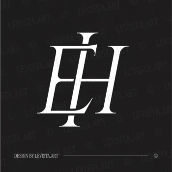White EH letter logo as minimalist interlocking monogram design on a black background for premium business branding