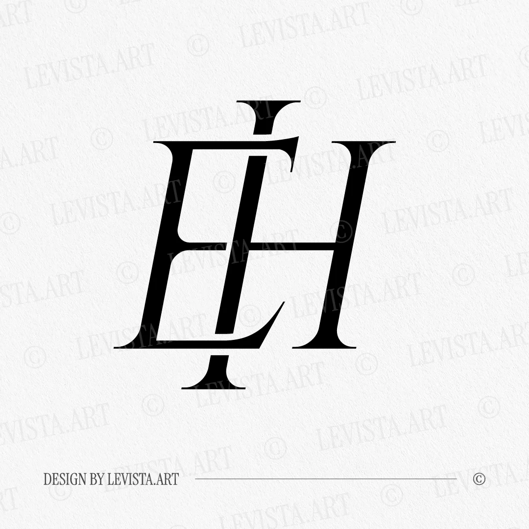 Black EH logo as minimalist monogram design with interlocking letters for high-end, modern business branding & projects