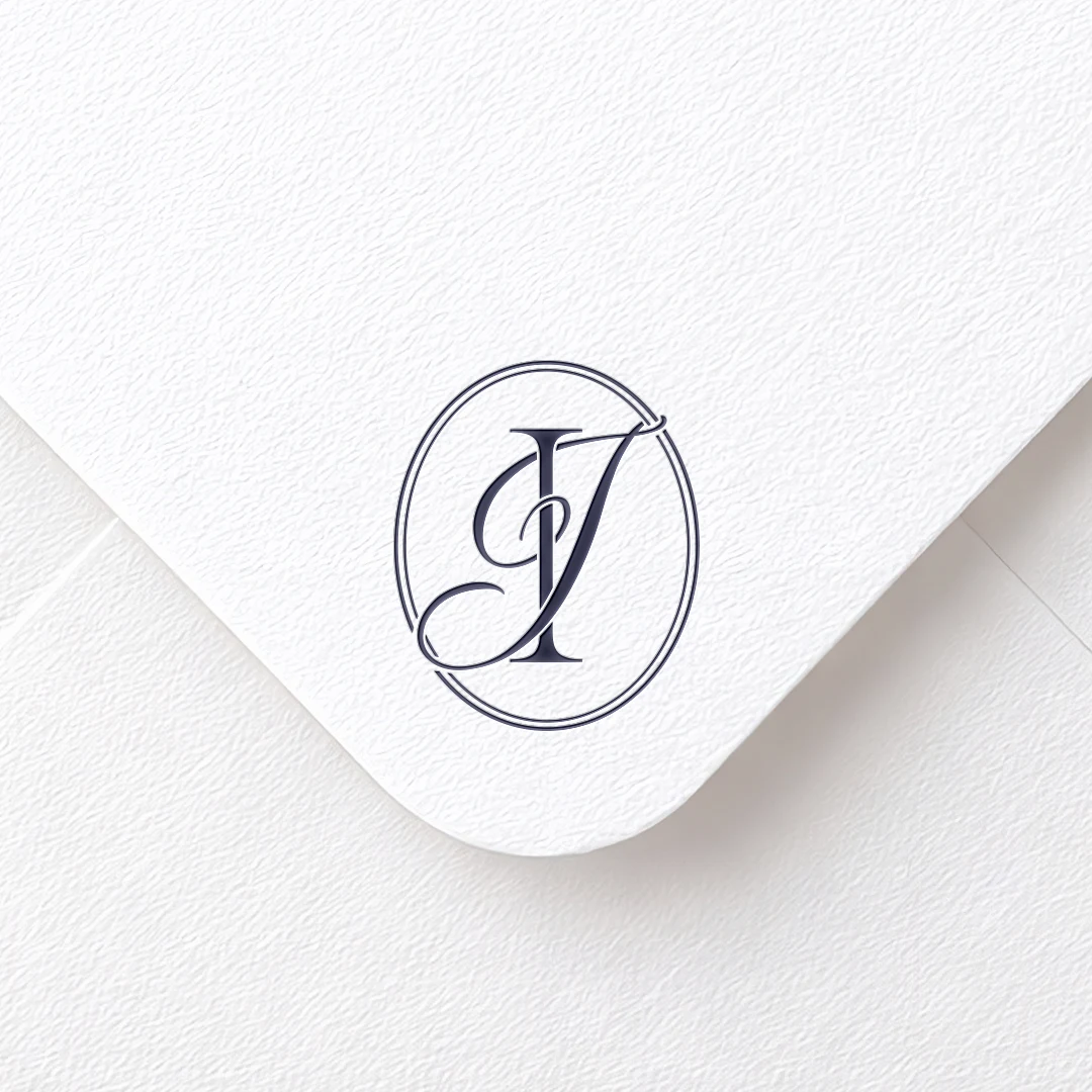 IJ & JI Monogram | Elegant letter logo design Navy blue IJ & JI letter logo as minimalist design on a white textured envelope for premium wedding stationery and branding