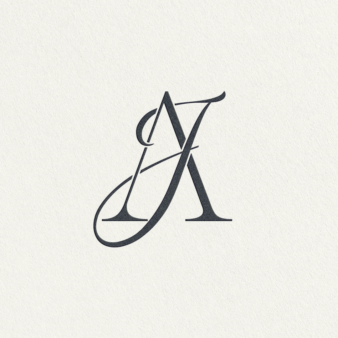 Light style semi-custom wedding monogram as interlocking letter logo for sophisticated stationery, gobo projections, branding