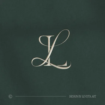 Silver LL letter logo as refined initials design on a green background for sophisticated wedding, embossing, foil stamping