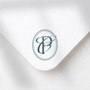 Rich green PC & CP letter logo as premium initials design on a textured envelope for refined wedding stationery & embossing