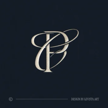 Silver PC & CP letter logo as refined initials design on black background for sophisticated wedding, embossing, foil stamping