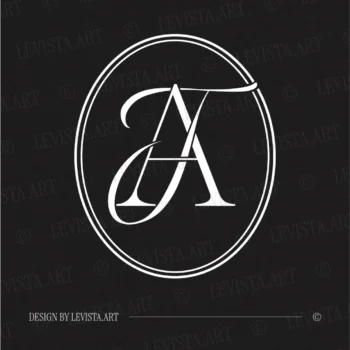 White TA & AT initials logo as minimalist interlocking letter logo on a black background for stylish wedding décor, branding