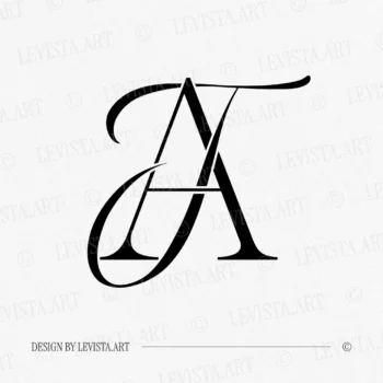 Black TA & AT wedding logo with interlocking letters on a white background for luxury stationery, modern décor & branding