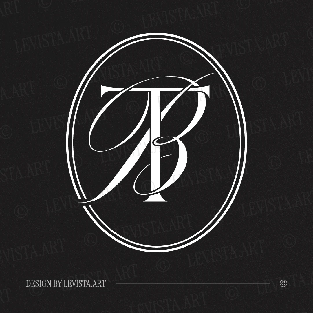 TB & BT Monogram Logo | Elegant letter logo design White TB & BT initials logo as minimalist interlocking letter logo on a black background for luxury wedding décor, branding