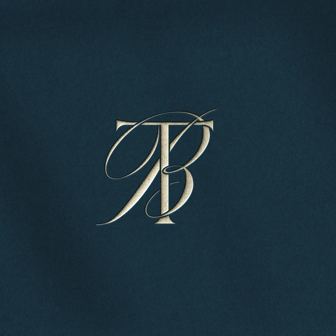 TB & BT Monogram Logo | Elegant letter logo design Silver TB & BT letter logo minimalist design on a navy blue background for modern luxury weddings, sophisticated branding