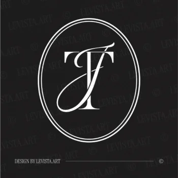 White TJ & JT initials as minimalist interlocking letter logo on a black background for premium weddings, gobo projections