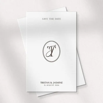 Brown TJ & JT letter logo as luxury wedding initials design on textured save the date card for premium stationery & embossing