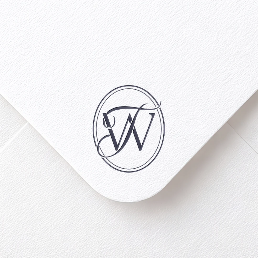TW & WT Monogram | Elegant letter logo design Navy blue TW & WT letter logo as minimalist design on a white textured envelope for premium wedding stationery and branding