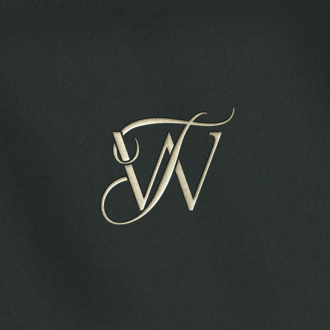 TW & WT Monogram | Elegant letter logo design Silver TW & WT letter logo as minimalist initials design on an emerald green background for luxury weddings, sophisticated branding