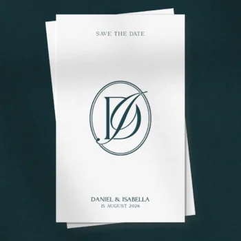 DI & ID Monogram | Elegant letter logo design Green DI and ID letter logo as modern initials design on save the date card for premium wedding stationery, invites, décor