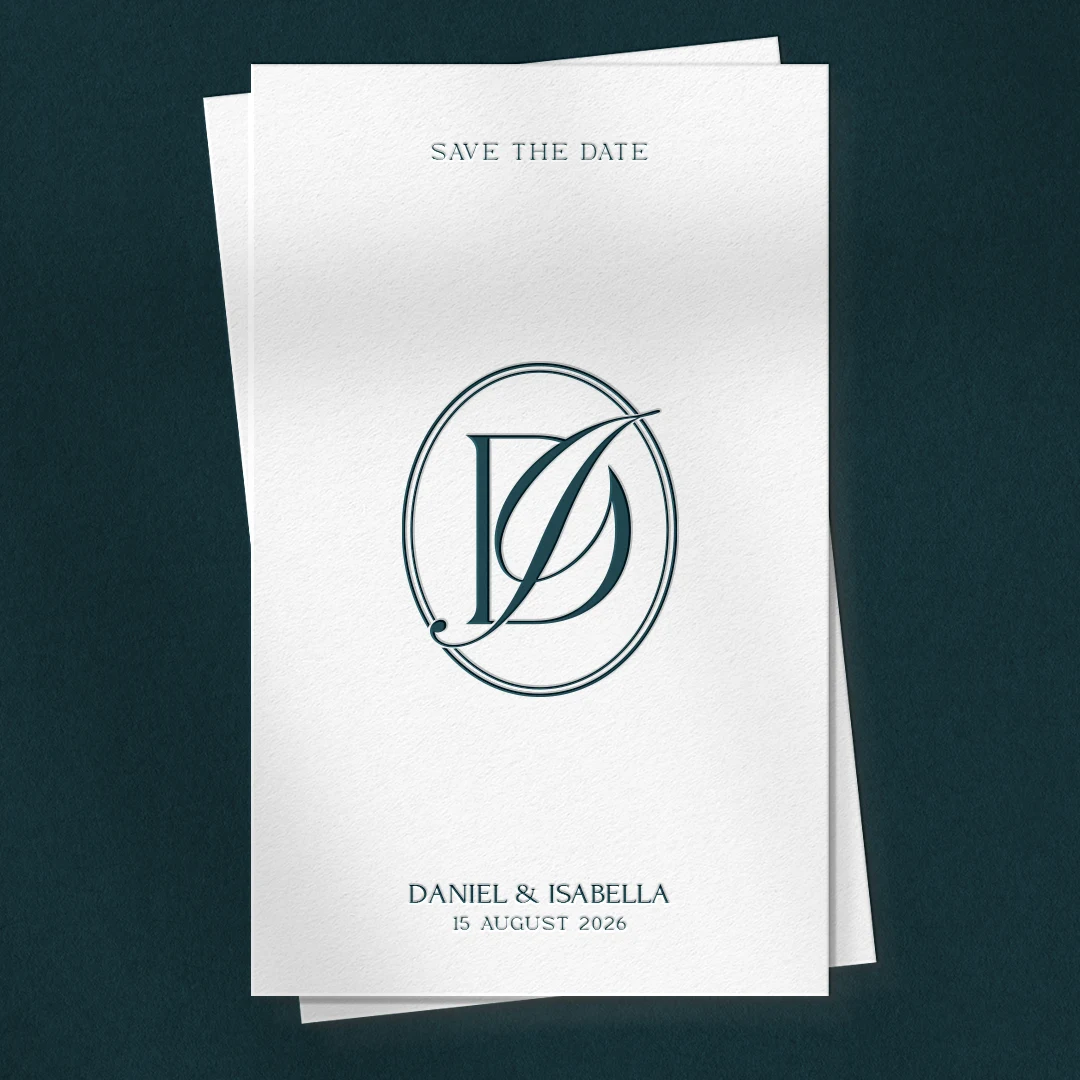 DI & ID Monogram | Elegant letter logo design Green DI and ID letter logo as modern initials design on save the date card for premium wedding stationery, invites, décor
