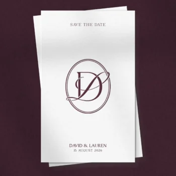DL & LD Monogram | Elegant letter logo design Burgundy DL and LD letter logo as premium initials design on save the date card for refined weddings, invites, print & décor