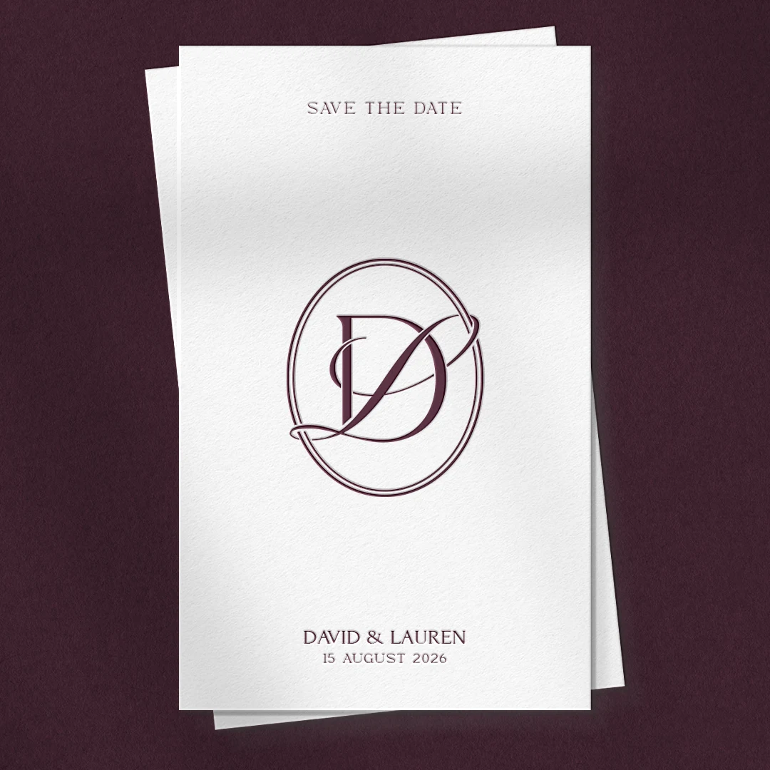 DL & LD Monogram | Elegant letter logo design Burgundy DL and LD letter logo as premium initials design on save the date card for refined weddings, invites, print & décor