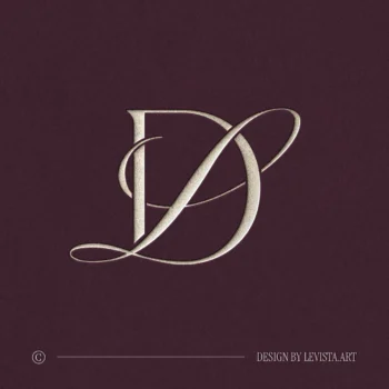 DL & LD Monogram | Elegant letter logo design Silver DL and LD wedding logo with interlocking letters on burgundy background for premium print, wax seals & foil stamping