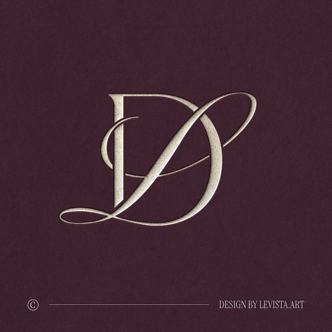 DL & LD Monogram | Elegant letter logo design Silver DL and LD wedding logo with interlocking letters on burgundy background for premium print, wax seals & foil stamping