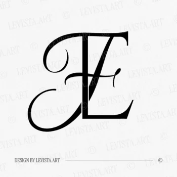Black EF and FE wedding logo with interlocking letters on white background for refined stationery, wax seals, foil stamping