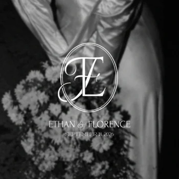 White EF and FE wedding monogram as refined letter logo design on a photo for stylish stationery, signage and floor wrap
