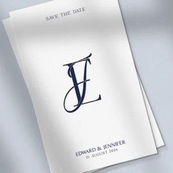 Blue EJ and JE letters as refined initials logo design on a save the date card for stylish weddings, stationery and print