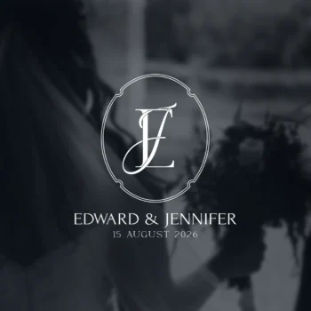 White EJ and JE wedding monogram as stylish letter logo design on a photo for refined stationery, signage and floor wrap