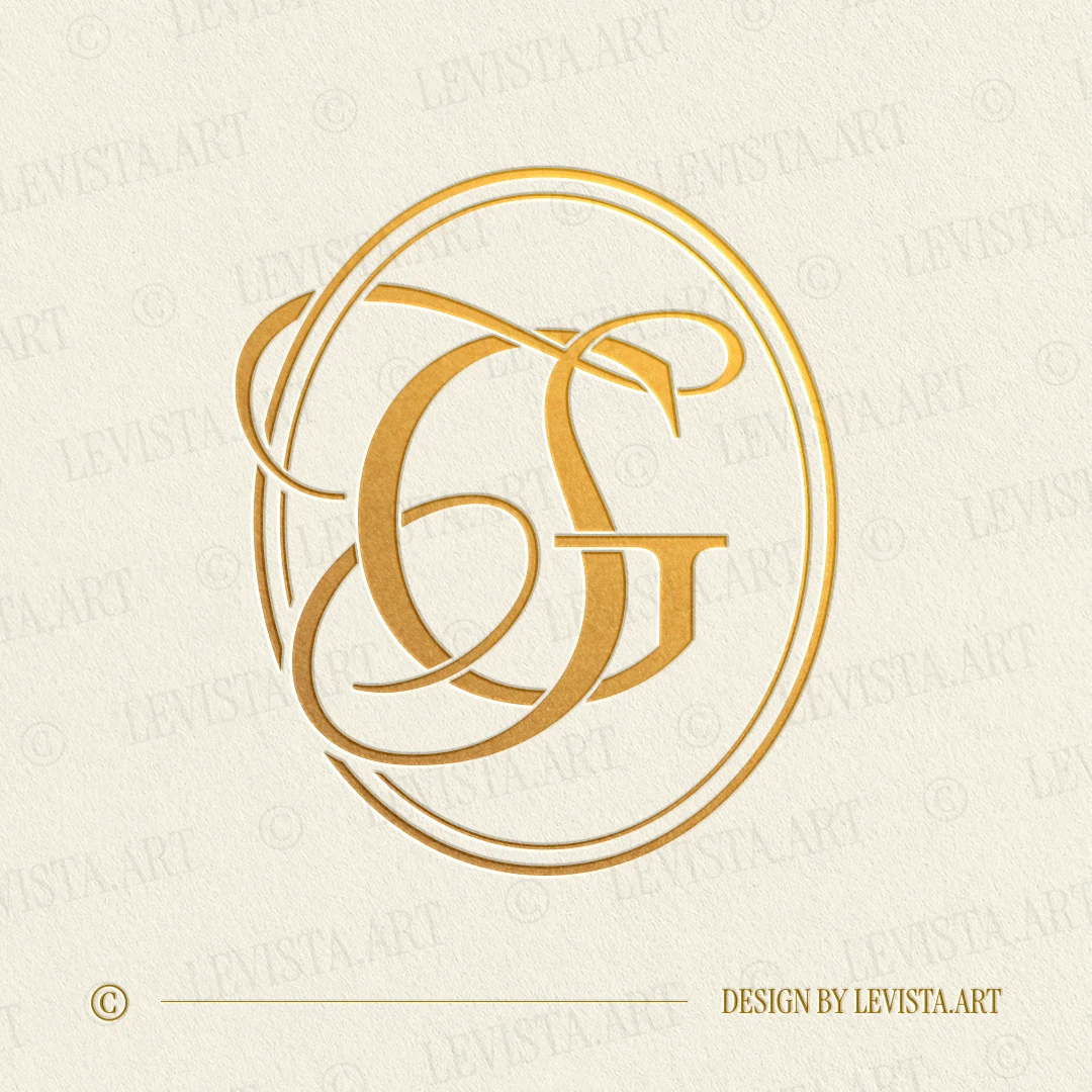 Gold GS and SG monogram as elegant interlocking letter logo design for premium wedding stationery, embossing and branding