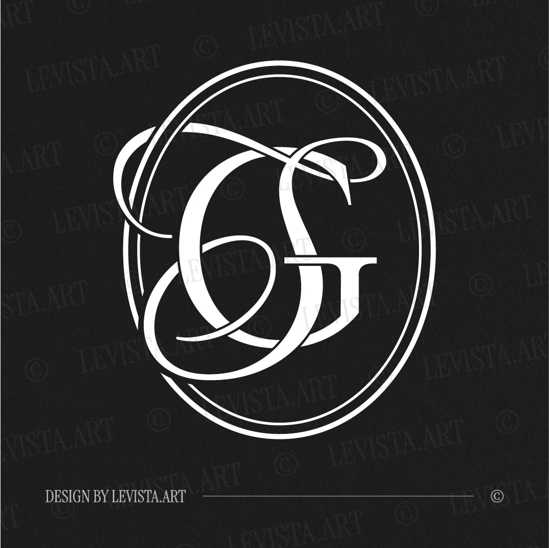 GS & SG Monogram | Elegant letter logo design White GS and SG initials as minimalist interlocking letter logo on black background for stylish weddings & gobo projections