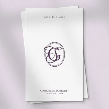 GS & SG Monogram | Elegant letter logo design Lilac GS and SG wedding monogram as luxury letter logo design on save the date card for refined stationery and quality print