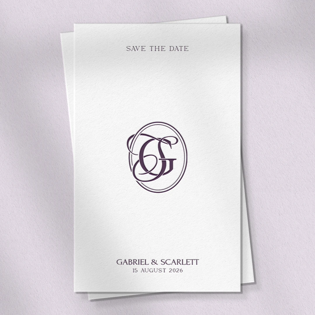 GS & SG Monogram | Elegant letter logo design Lilac GS and SG wedding monogram as luxury letter logo design on save the date card for refined stationery and quality print