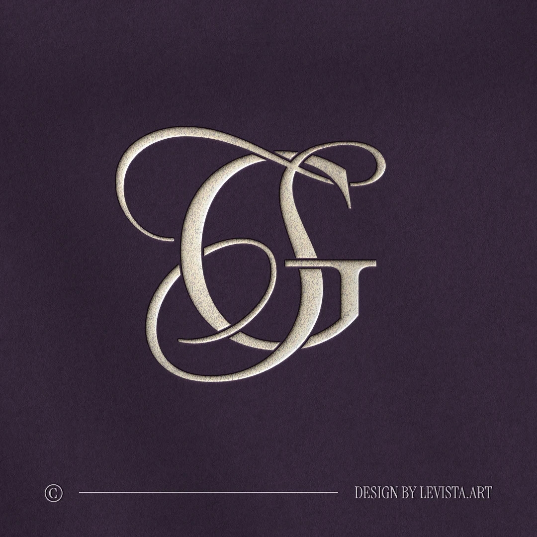 GS & SG Monogram | Elegant letter logo design Silver GS and SG letters as refined initials logo design on lilac background for premium weddings, foil stamping, floor wrap