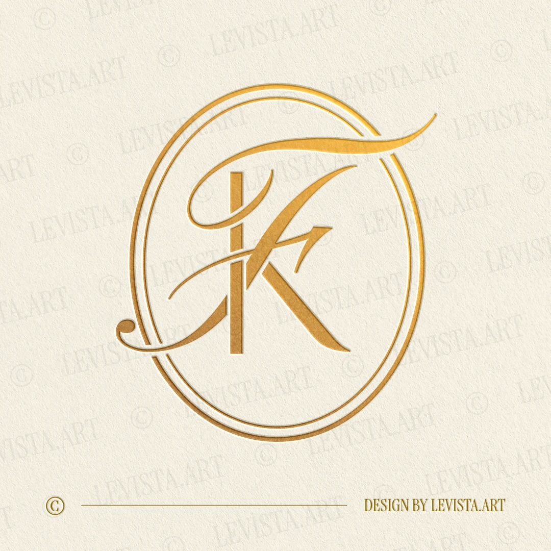 Gold KF and FK monogram as elegant interlocking letter logo design for premium wedding stationery, embossing and branding